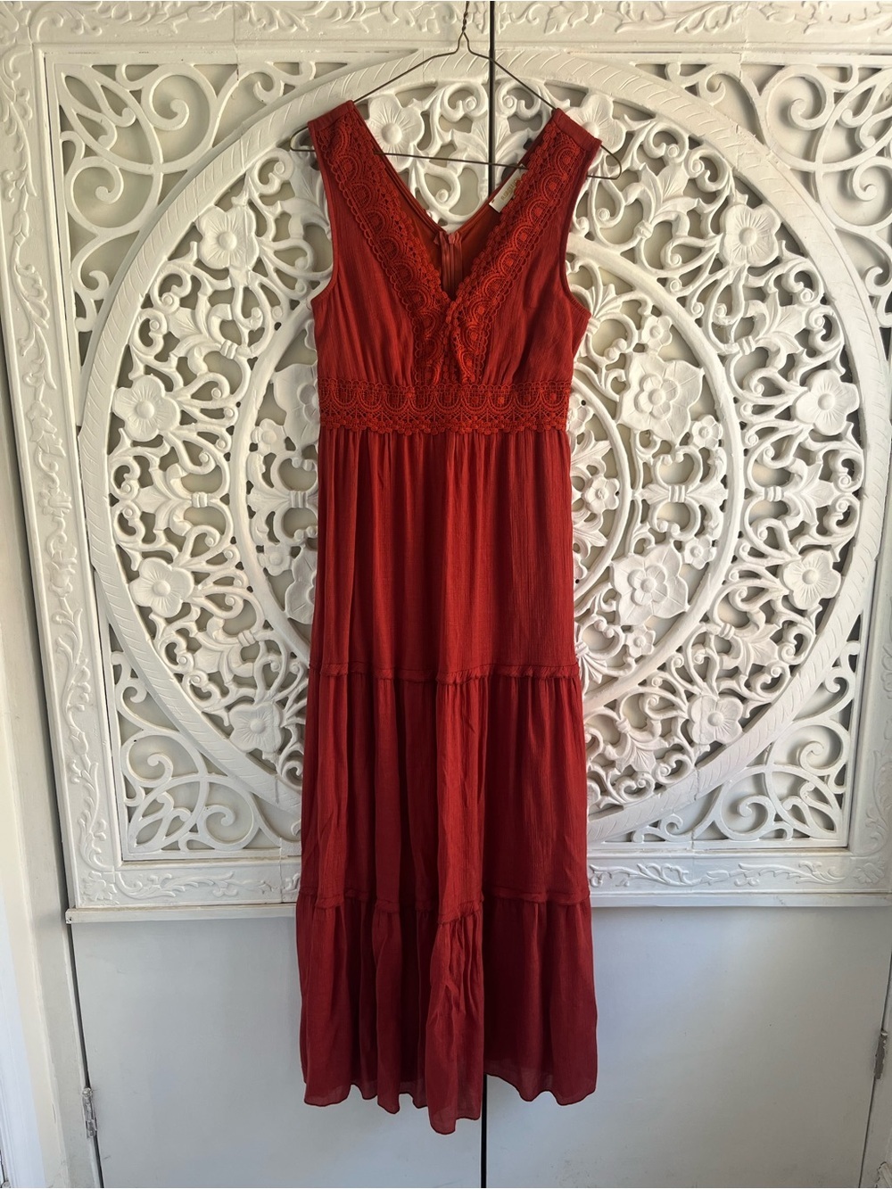 Rebellion Again Terracotta Boho Maxi Dress Crochet Lace Sleeveless XS